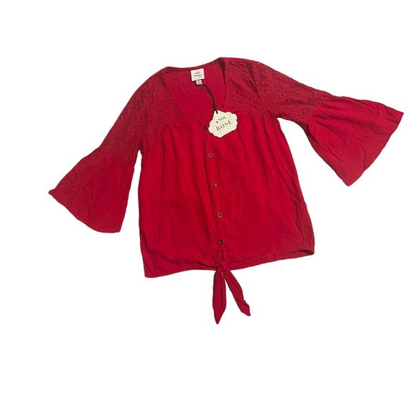 NWT KNOX ROSE RED BOHO BLOUSE-SIZE XS PEASANT STYLE TIE WAIST LACE ACCENTS - Picture 1 of 9